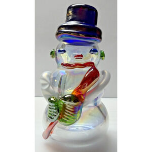 Vintage Art Glass Snowman Iridescent Applied Glass Paperweight Figurine
